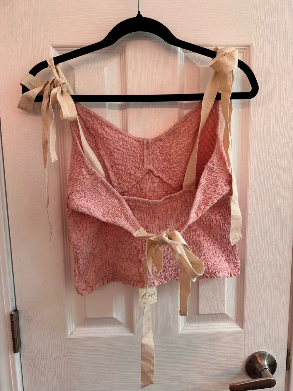 FREE PEOPLE Dawn Smocked Top w/ Ribbons Pink Size Large NWT